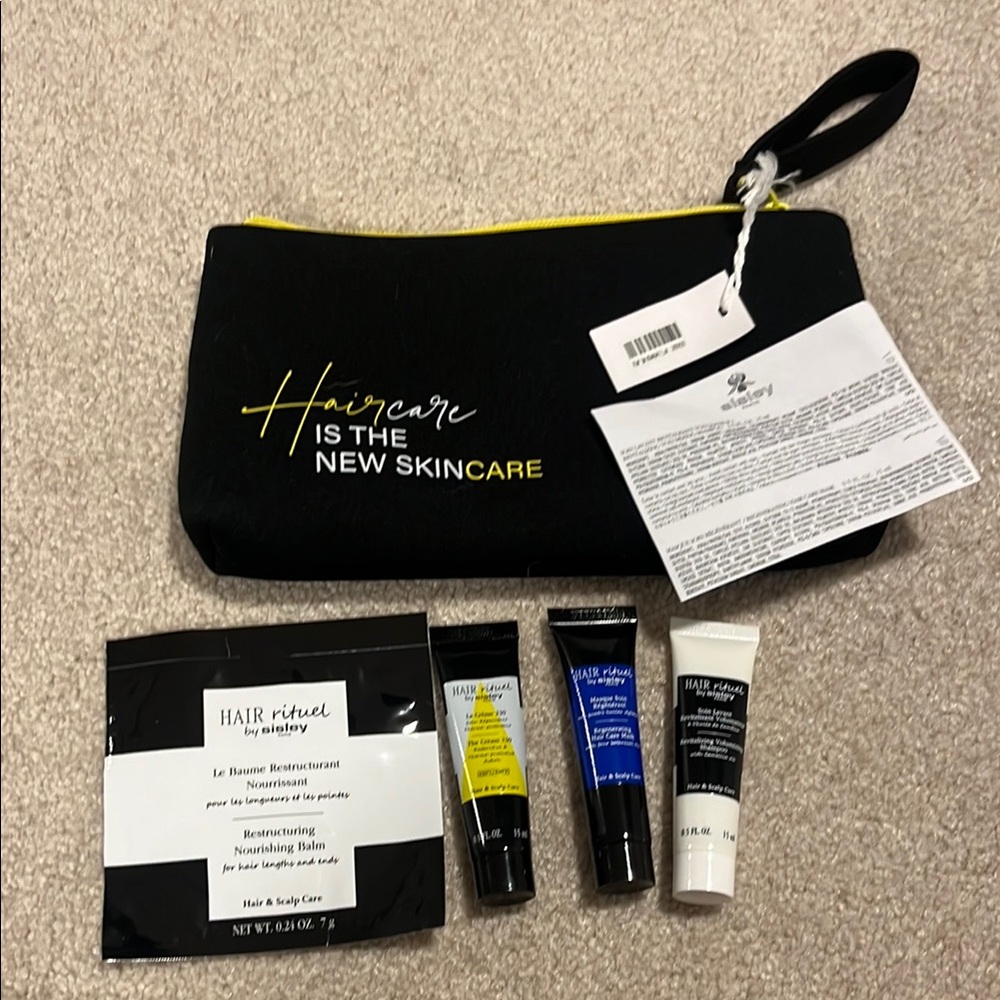 Sisley Haircare Set w Hair Rituel Pouch, hair&scalp care balm, shampoo, mask New